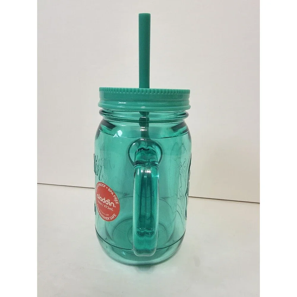 Aladdin Insulated Mason Jar Tumbler/Mug W/ Straw Green 16oz